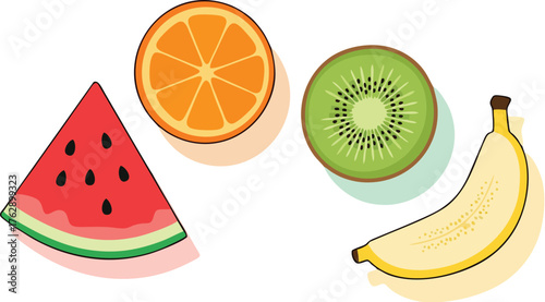 An illustration featuring a slice of watermelon, a halved orange, a kiwi slice, and a ripe banana, all arranged on a white background.