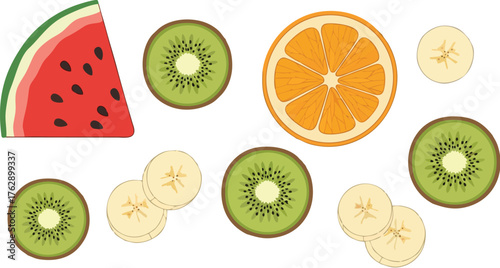 A vibrant arrangement of sliced fruits, including watermelon, kiwi, orange, and banana, displayed against a white background.