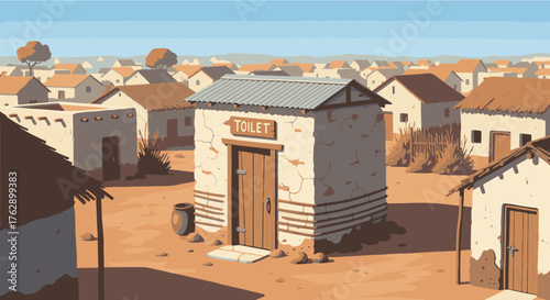 An outdoor public toilet facility in a dusty, rural village with simple dwellings under a clear sky