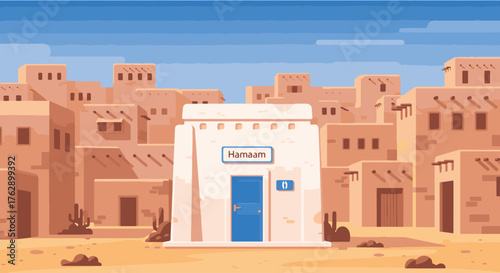 Desert Town Shopfront Illustration with Simple Geometric Buildings