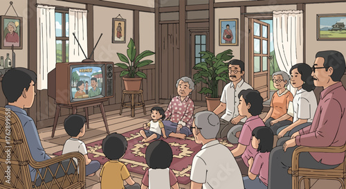 A Multigenerational Family Gathers to Watch Television Together in a Cozy Living Room