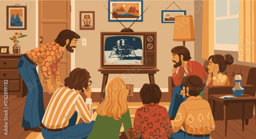 Retro illustration of a group watching a historic space event on a vintage television, capturing shared wonder, scientific achievement, and a collective human experience in a 1970s living room