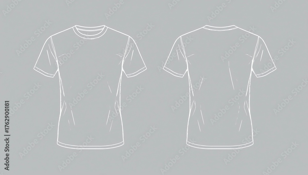 Fototapeta premium Female t-shirt vector template isolated on a grey background. Front and back view. Outline fashion technical sketch of clothes model