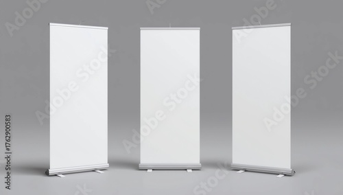 Empty three rollup banners stand. Blank template mockups. Exhibition stand 3 roll-up banners, screen for you design. Vertical white roll up for preview