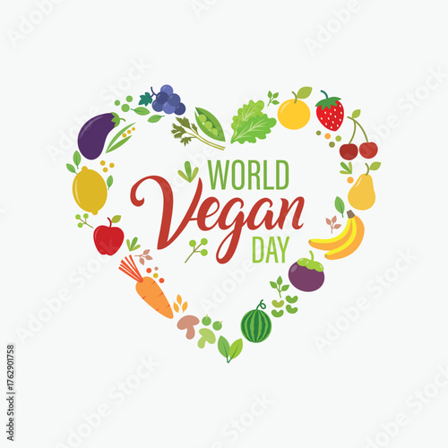 Colorful heart-shaped design made of fruits and vegetables celebrating World Vegan Day