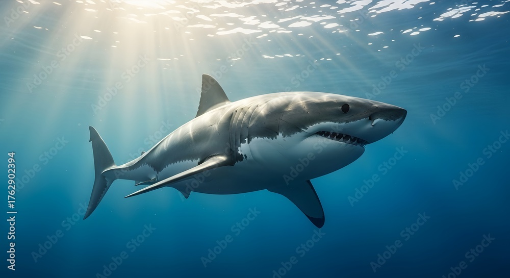 Fototapeta premium Great white shark swimming in clear blue ocean water with sun rays filtering from above, majestic predator in its natural habitat, underwater wildlife photography