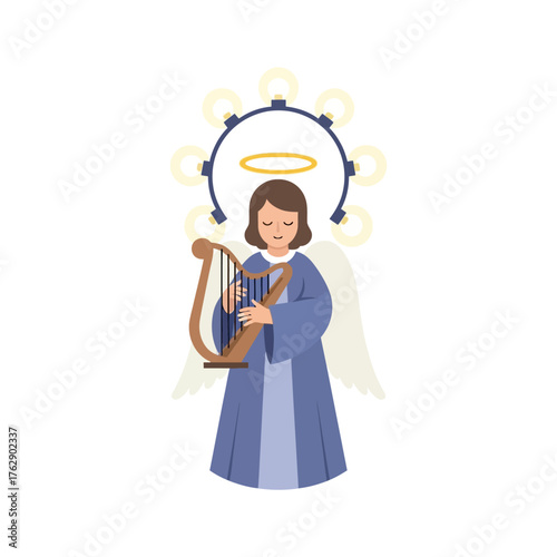 Angel Playing Harp with Halo and Wings in Blue Gown.