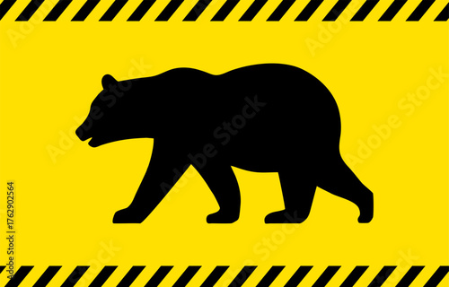 熊の危険、注意、警告等を表す黄色と黒の背景イラスト