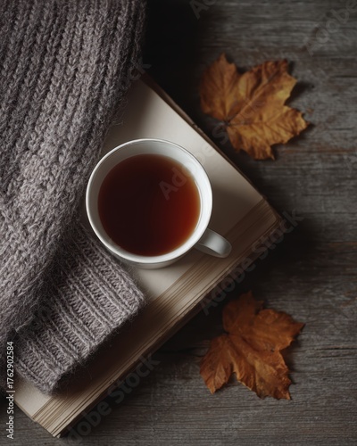 Cozy autumn flat lay: knitted sweater, cup of tea, book, and fall leaves on a wooden table