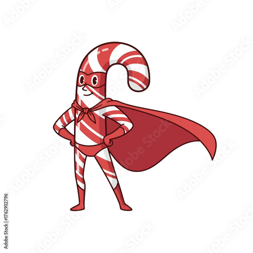 Cartoon Candy Cane Superhero with Cape and Mask Ready for Action.