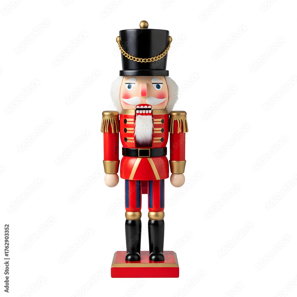 Fototapeta premium A classic, festive Nutcracker figurine (often a soldier or king), isolated on a white or transparent background, PNG, perfect for Christmas, holiday decor, and seasonal themes