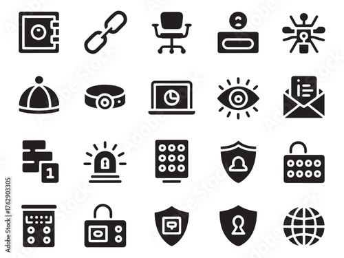 Collection of 20 glyph style technology and security icons for digital applications