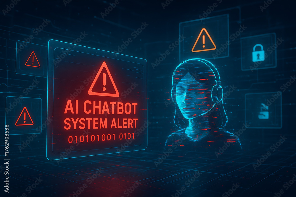 AI chatbot system alert in digital communication environment showing error, warning, and cybersecurity risk icons, highlighting potential data breach and smart automation failure in modern networks (Generated with AI) - Adobe Stock AI chatbot system alert in digital communication environment showing error, warning, and cybersecurity risk icons, highlighting potential data breach and smart automation failure in modern networks (Generated with AI) - Adobe Stock