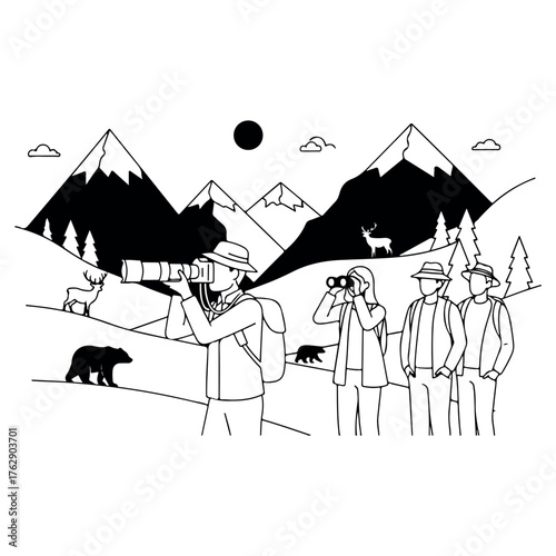 Vector art of group of hikers and wildlife photographers observing animals in a mountainous landscape with a sun and clouds, illustration
