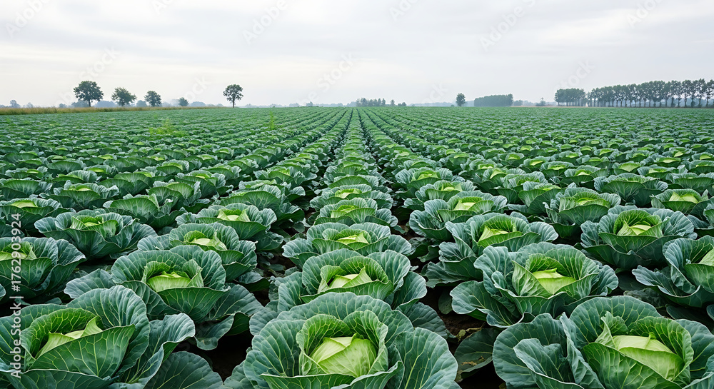 Fototapeta premium Cabbage field with green vegetable rows. Farming and agriculture landscape with crops in sunlight.
