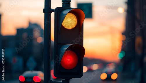 Traffic light transition during sunset