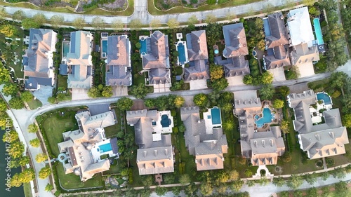 Aerial view of luxury houses with swimming pools by the lake Woodlands in Houston, Texas, United States	
