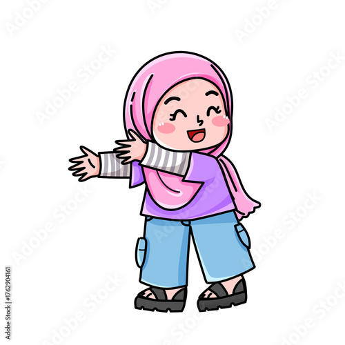 Smiling girl in hijab, arms outstretched, cartoon illustration on white.
