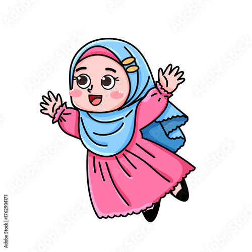 Smiling girl in hijab, arms outstretched, cartoon illustration on white.