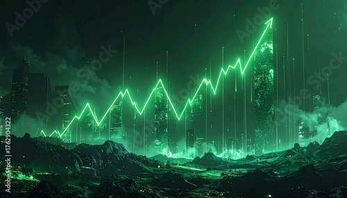 futuristic stock market graph raising up, crypto up, bullish market, neon green chart going up in a dark background