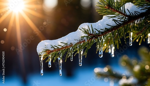Pine branch covered with white snow and shimmering icicles, dripping water in warm sun rays during winter