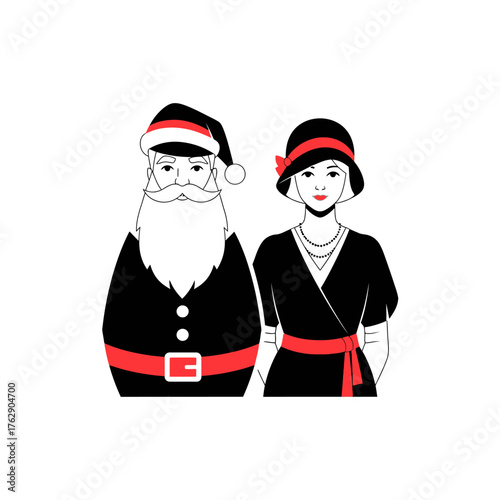 Festive Duo - Santa Claus and a Woman in 1920s Fashion.