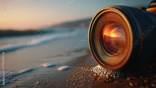A camera lens rests on wet sand with ocean waves; the lens reflects a vibrant sunset