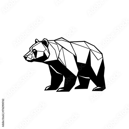 A stylized, geometric illustration depicting a standing bear in a minimalist black and white design.