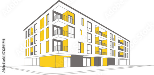 Modern building design featuring balconies and minimalist color scheme illustration