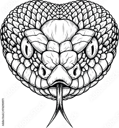 Detailed black and white illustration of a snake head with forked tongue extended