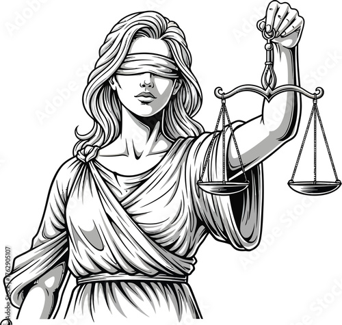 Blindfolded lady justice holding scales of justice in dramatic black and white illustration