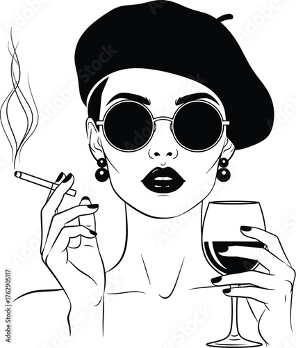 Stylish woman in beret and sunglasses smoking and drinking wine