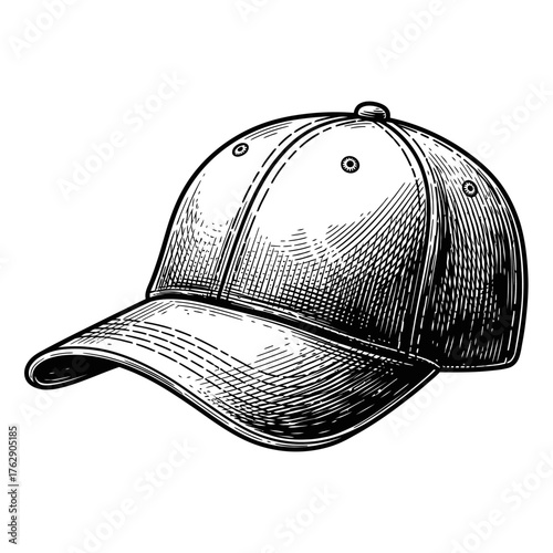 Vintage baseball cap illustration, hand-drawn in a detailed black and white engraving style. This classic headwear design features a crisp outline and scratch board imitation texture