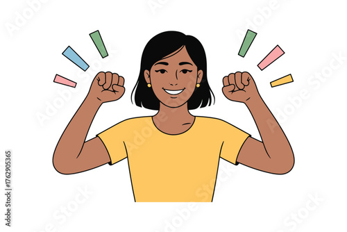 Empowered woman with fists raised in celebration vector illustration art