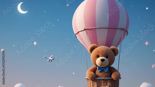 A teddy bear in a hot air balloon, flying above clouds at twilight. Soft pastel colors with stars and a small airplane in the sky