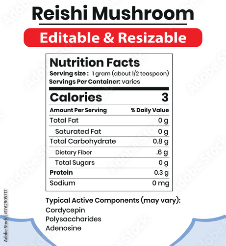 Reishi Mushroom Supplement Facts Label Template , Editable Nootropic Nutrition Design, Premium Reishi Mushroom Nutrition Facts Label Herbal Supplement Template ,FDA style Nutrition label