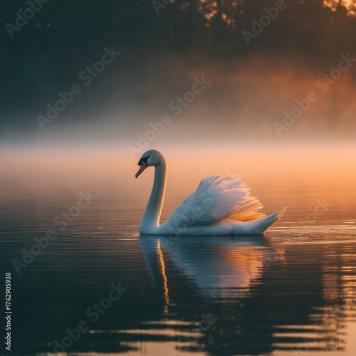 An elegant swan gracefully gliding across a misty lake at dawn, creating a serene and tranquil atmosphere with soft reflections on the water