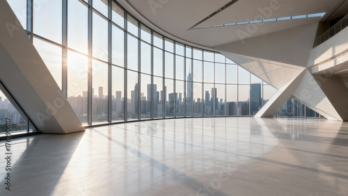 Fototapeta Naklejka Na Ścianę i Meble -  Spacious Modern Interior with Panoramic Cityscape Through Curved Windows