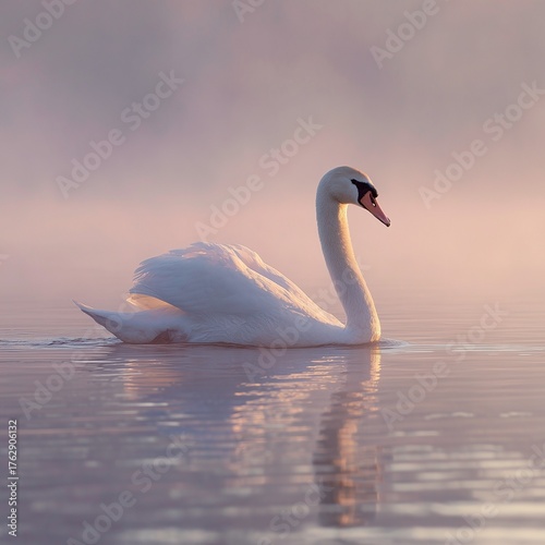 An elegant swan gracefully gliding across a misty lake at dawn, creating a serene and tranquil atmosphere with soft reflections on the water