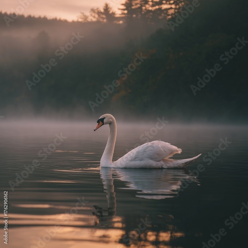 An elegant swan gracefully gliding across a misty lake at dawn, creating a serene and tranquil atmosphere with soft reflections on the water