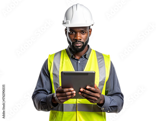 Male Construction Worker in Yellow Safety Vest Holding Tablet, Front View, Isolated on Transparent Background