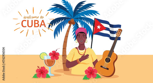 Experience the vibrant spirit of Cuba with a woman, guitar, and tropical drink on a sunny beach, perfect for travel brochures and cultural events