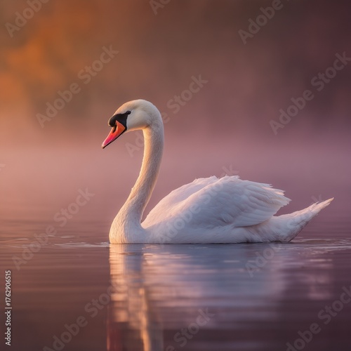 An elegant swan gracefully gliding across a misty lake at dawn, creating a serene and tranquil atmosphere with soft reflections on the water