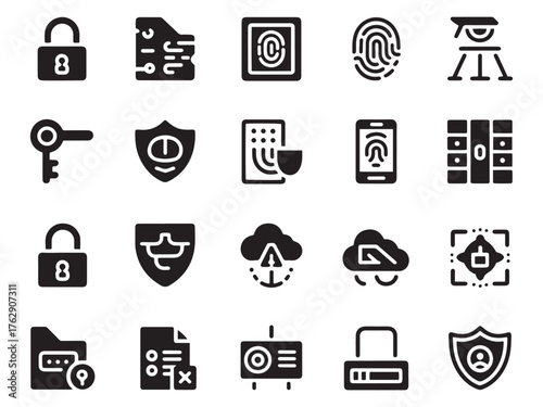 Collection of 20 glyph style security and technology icons for digital applications and design