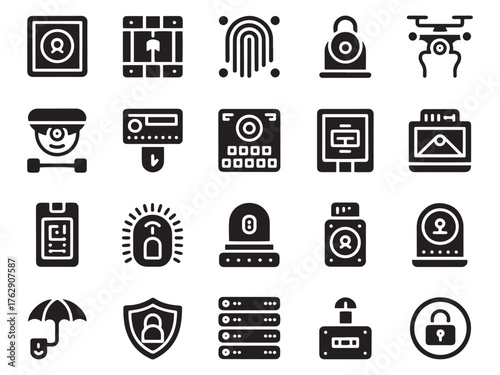 Collection of 20 glyph style icons for security and technology concepts