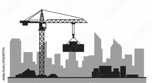 Construction Crane Lifting Load in Cityscape Silhouette.