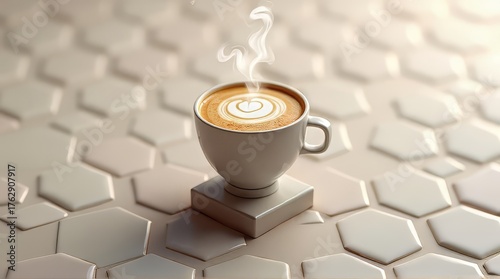 Latte Art Coffee Cup with Smoke on White Geometric Background