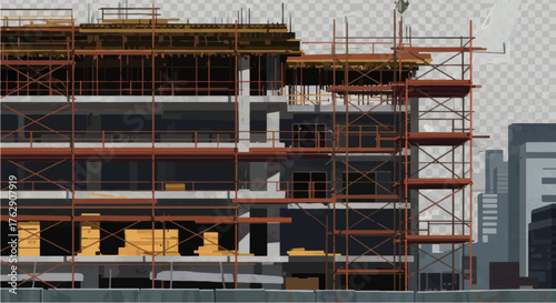 Construction Site Building Under Construction with Scaffolding and Exposed Structure.