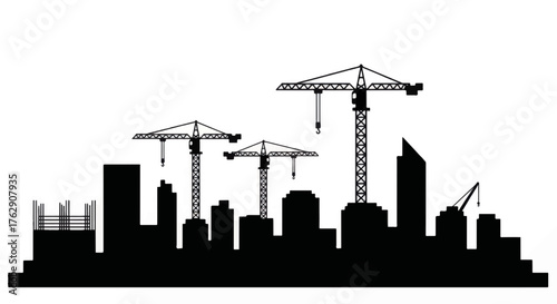 Construction site silhouette with cranes and buildings representing urban development.
