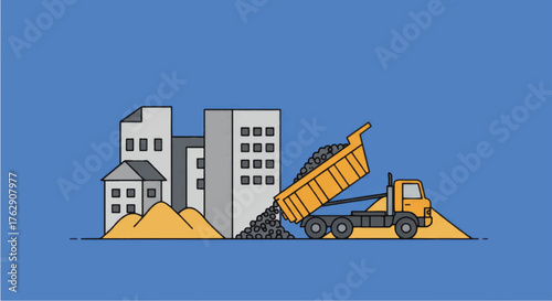 Construction site with dump truck unloading materials near buildings.